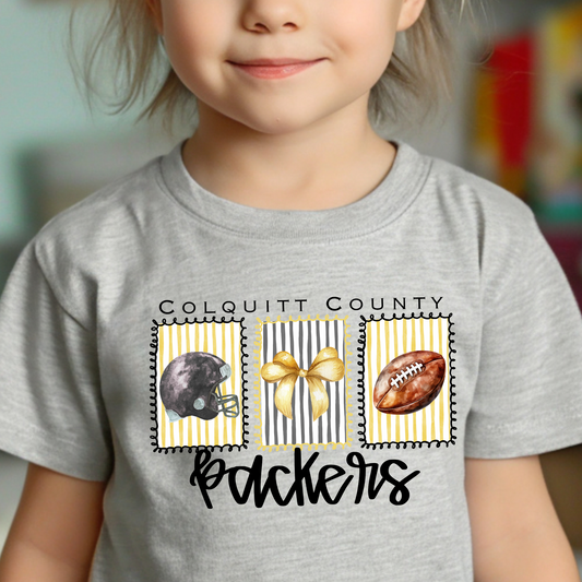 Youth/Toddler Colquitt County Packers Game Day Shirt – Watercolor Helmet, Bow & Football Tee – Black & Gold Spirit Wear (Black Ink)