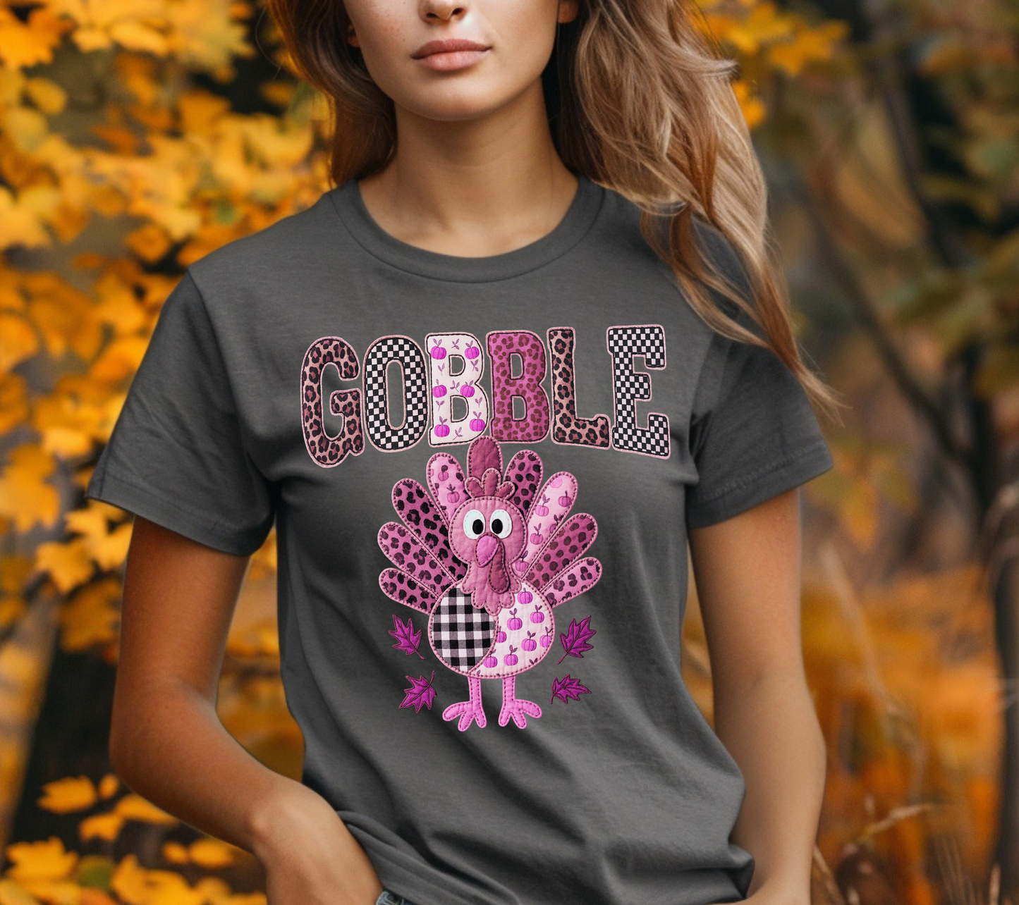 Pink Gobble Turkey T-Shirt – Cute Thanksgiving Graphic Tee, Leopard Print Fall Shirt for Women, Farmhouse Plaid Turkey Autumn Outfit