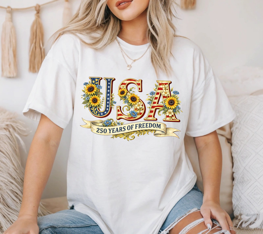 USA 250 Years of Freedom Shirt – Patriotic Sunflower American Flag Tee, 1776–2026 USA Graphic Shirt, Fourth of July Patriotic T-Shirt