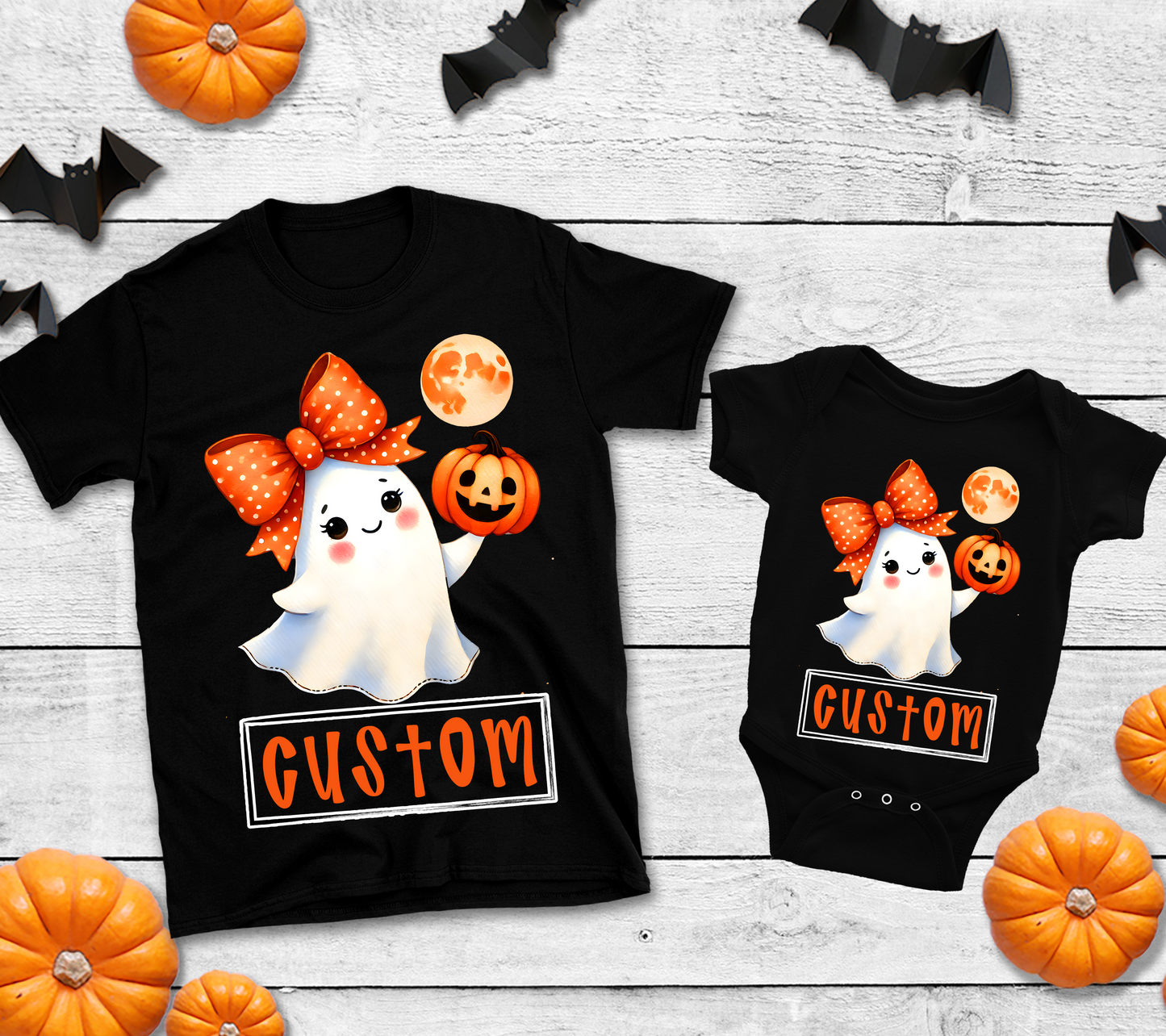 Youth / Toddler Custom Girl Ghost Halloween Shirt or Baby Bodysuit  – Cute Pumpkin & Bow Trick-or-Treat Outfit for Kids & Babies (12) 🎃👻🧡