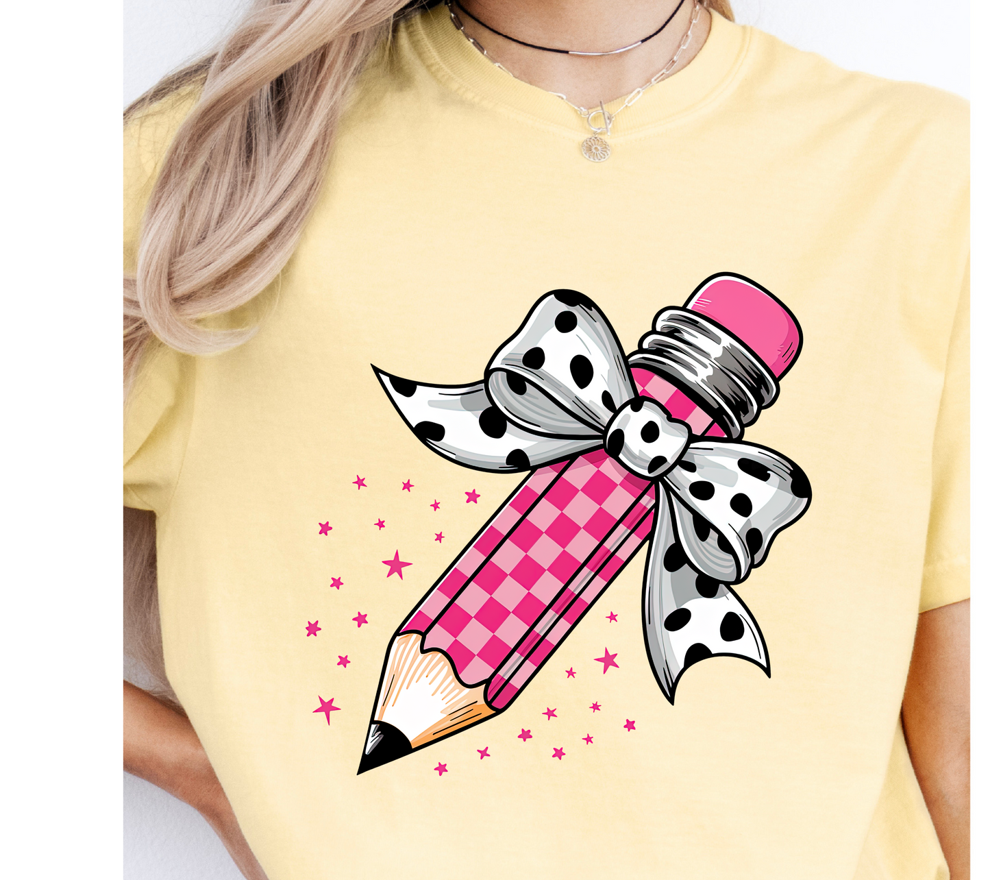 Youth/Toddler Pink Checkered Board Pencil with Black and White Bow T-Shirt