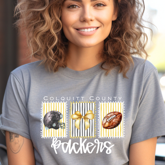 Adult Colquitt County Packers Striped Watercolor Tee – Game Day Shirt with Helmet, Bow & Football – Black & Gold Spirit Wear (White Ink)