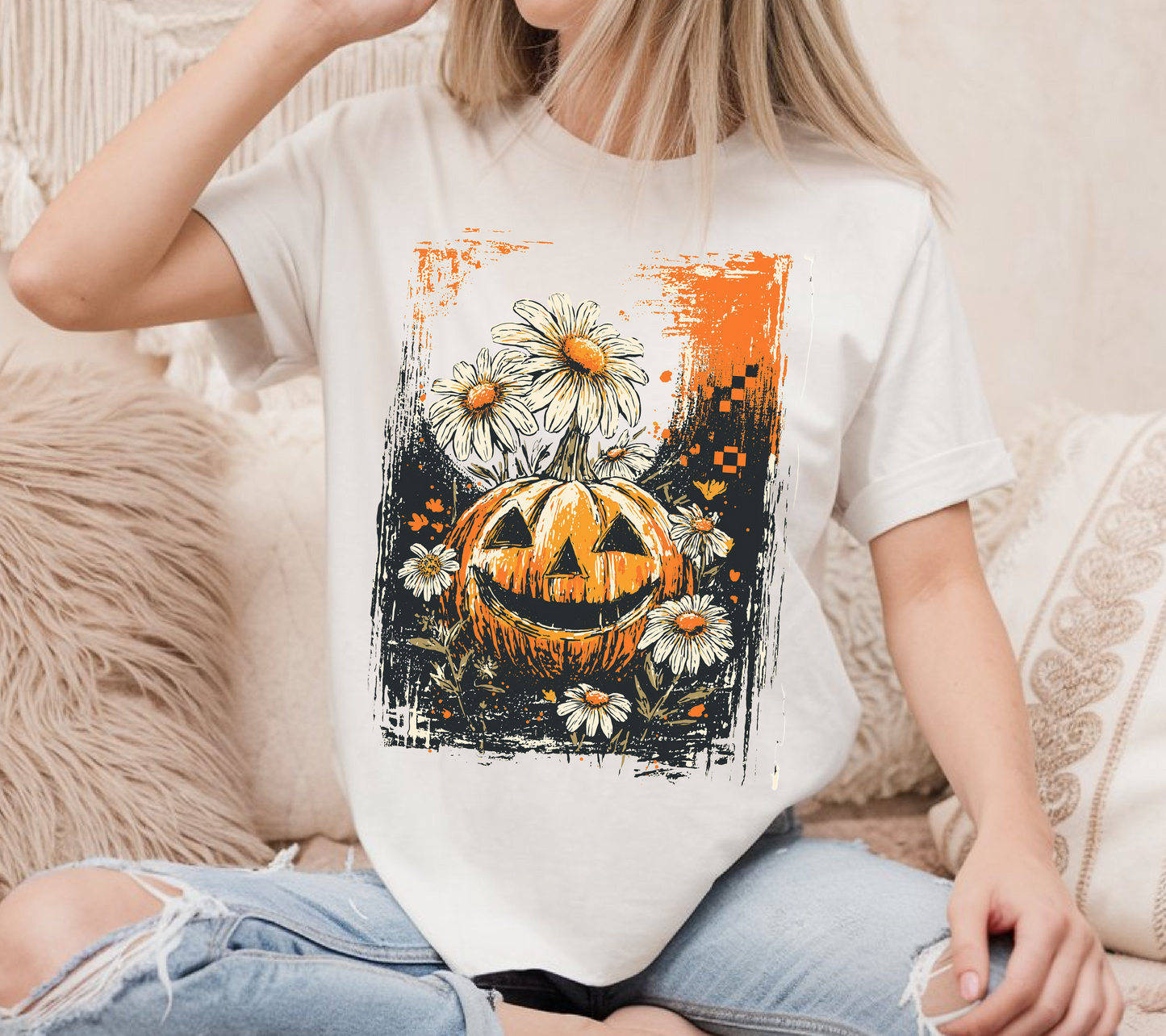 Smiling Pumpkin & Daisies Halloween T-Shirt – Cute Fall Jack O’Lantern Graphic Tee (13) 🎃🌼👕