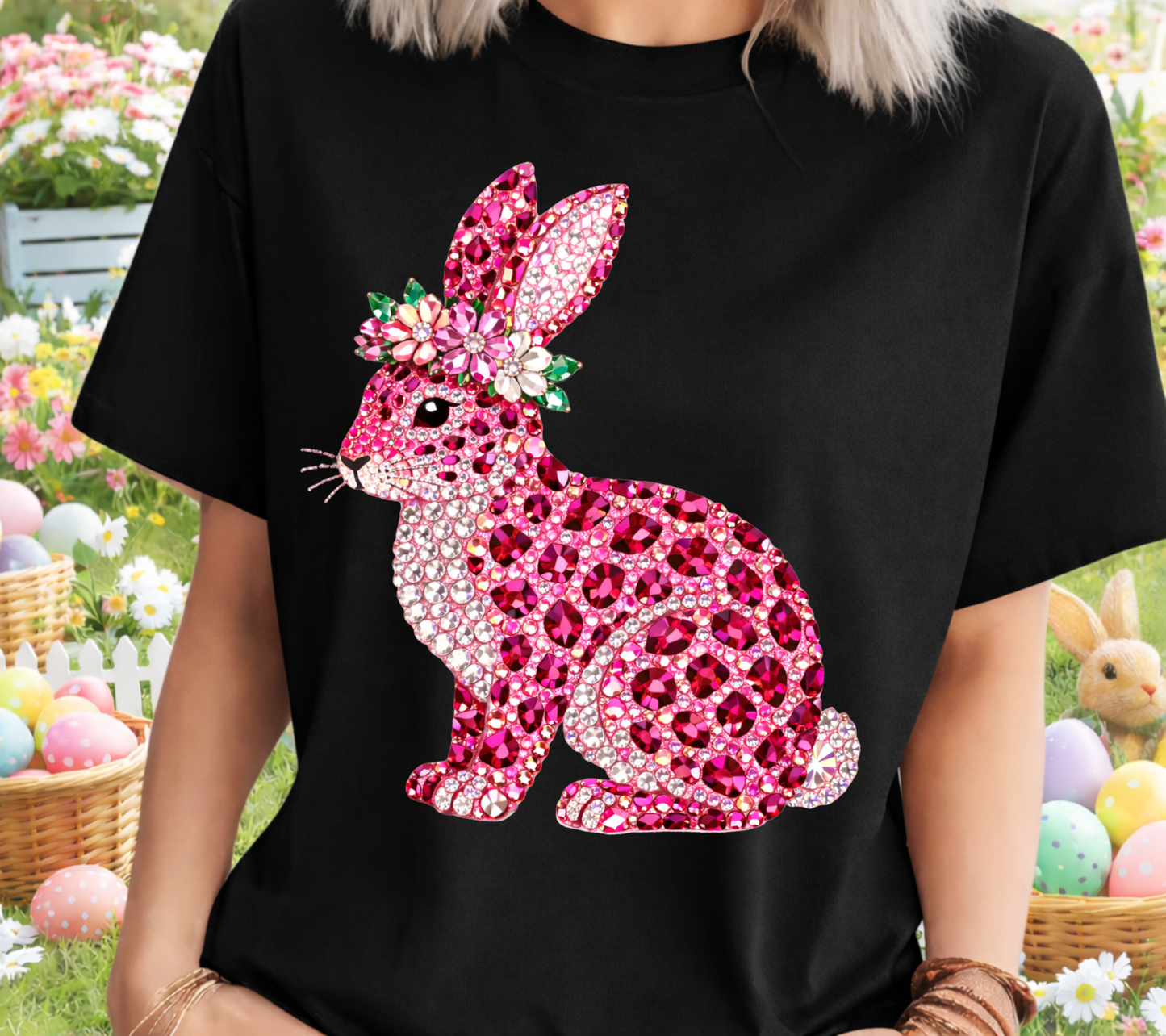 Easter 13 - Pink Faux Jewel Easter Bunny, Easter Shirt