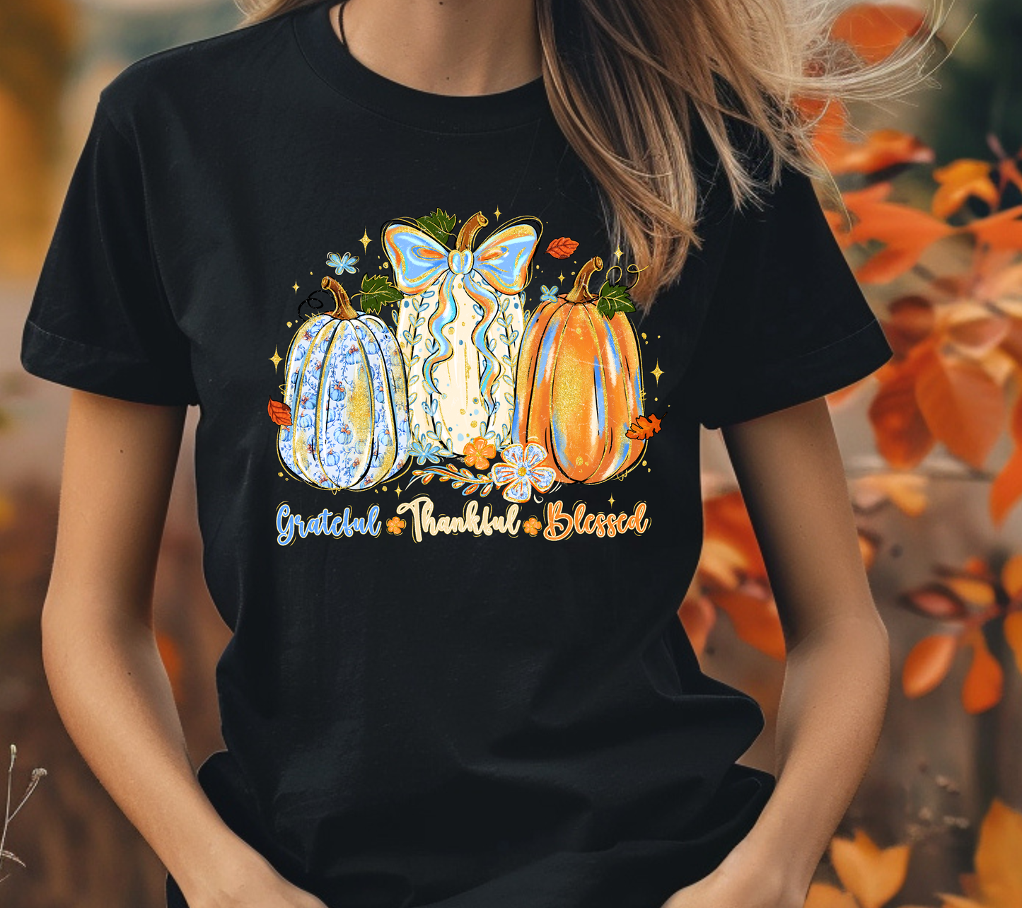 Grateful Thankful Blessed Pumpkin T-Shirt – Fall Pumpkin Bow Tee, Cute Thanksgiving Graphic Shirt for Women, Autumn Faith and Gratitude Top
