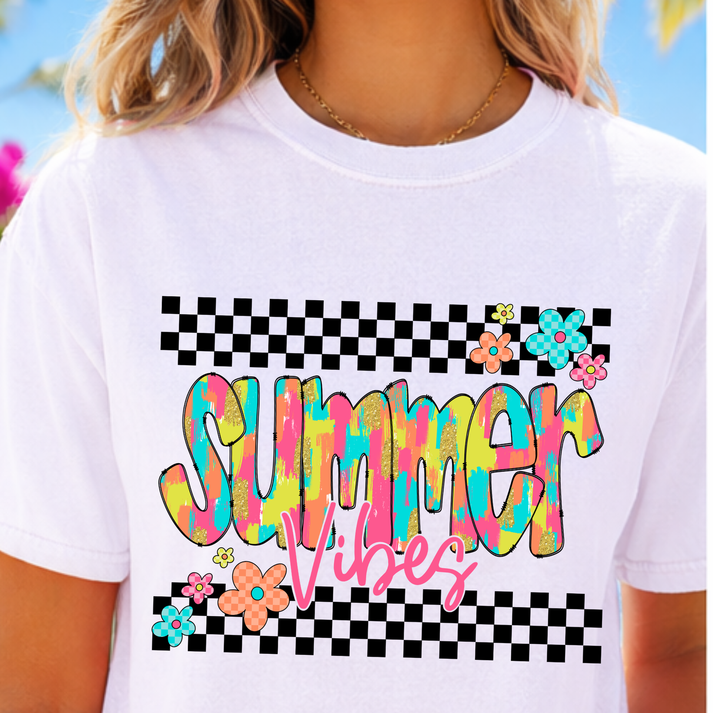 Summer Vibes Checkered Shirt, Retro Summer Graphic Tee, Colorful Aesthetic Shirt, Trendy Summer Outfit, Checkered Print Tee, Cute Summer Shirt