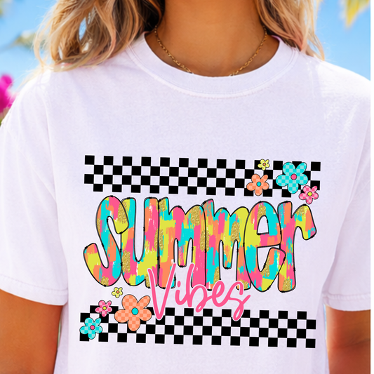 Summer Vibes Checkered Shirt, Retro Summer Graphic Tee, Colorful Aesthetic Shirt, Trendy Summer Outfit, Checkered Print Tee, Cute Summer Shirt