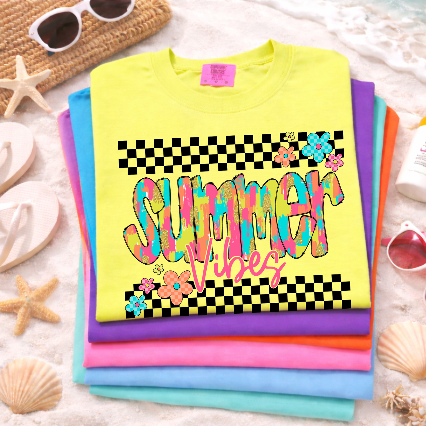Summer Vibes Checkered Shirt, Retro Summer Graphic Tee, Colorful Aesthetic Shirt, Trendy Summer Outfit, Checkered Print Tee, Cute Summer Shirt
