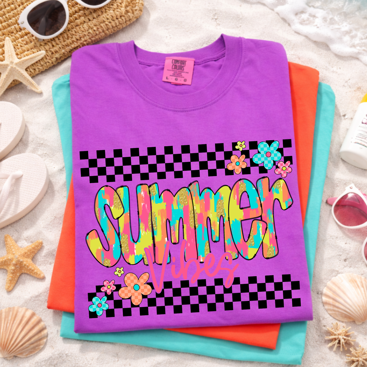 Summer Vibes Checkered Shirt, Retro Summer Graphic Tee, Colorful Aesthetic Shirt, Trendy Summer Outfit, Checkered Print Tee, Cute Summer Shirt