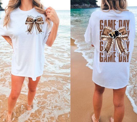 Adult Colquitt County Packers Football Game Day Brown Football Bow T-Shirt