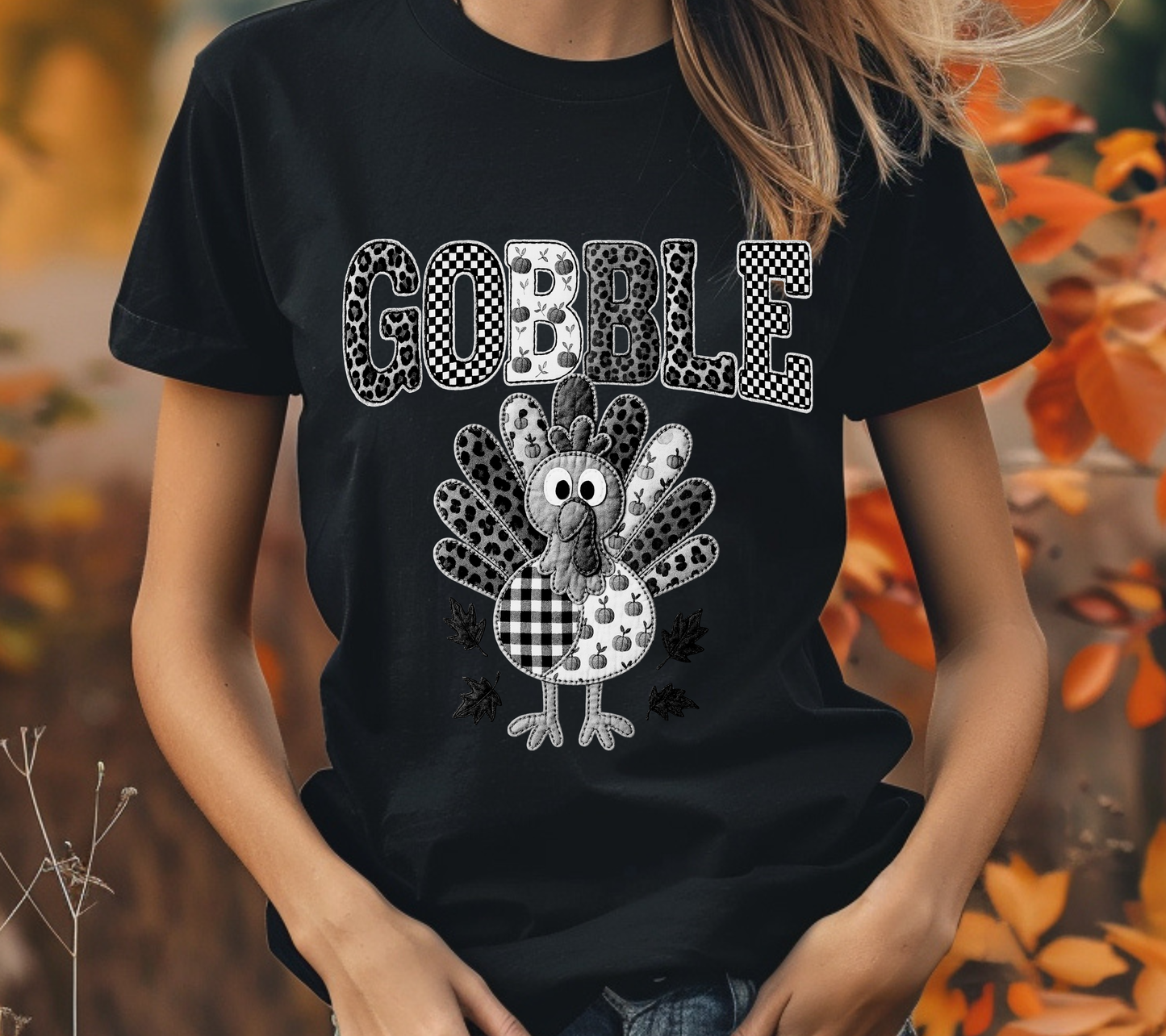 Black and White Gobble Turkey T-Shirt – Farmhouse Thanksgiving Graphic Tee, Neutral Fall Shirt for Women, Buffalo Plaid Turkey Autumn Outfit