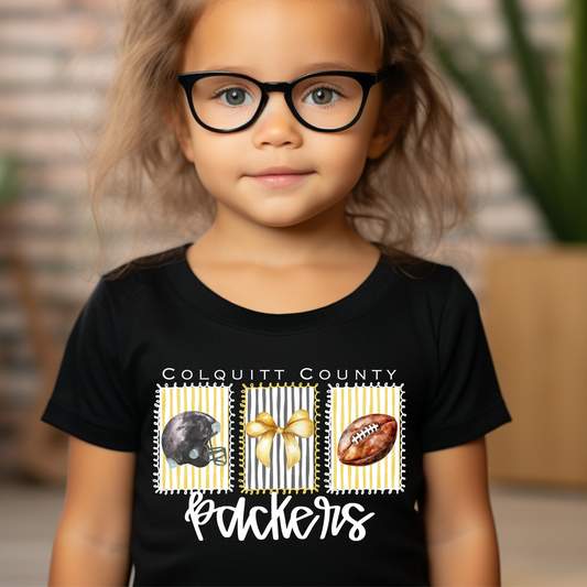 Youth/Toddler Colquitt County Packers Striped Watercolor Tee – Game Day Shirt with Helmet, Bow & Football – Black & Gold Spirit Wear (White Ink)