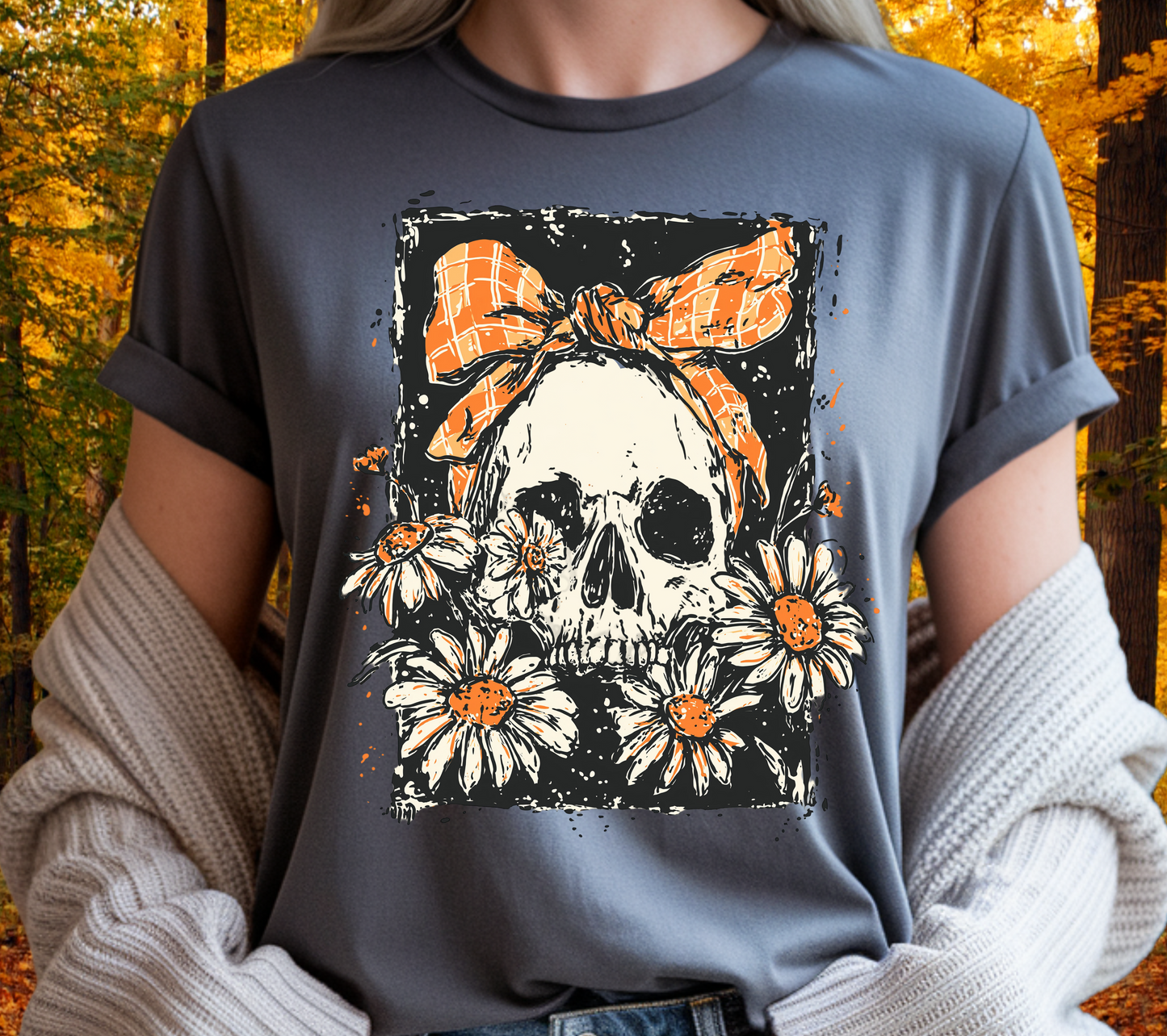 Vintage Skull & Daisy Halloween T-Shirt – Retro Spooky Floral Graphic Tee with Orange Bow (14) 🖤🎃🌼