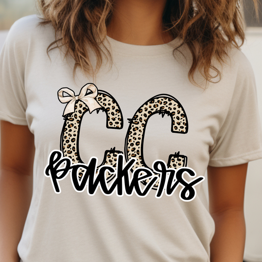 Adult CC Packers Leopard Print Shirt – Colquitt County Spirit Tee with Bow – Trendy Game Day Leopard Design
