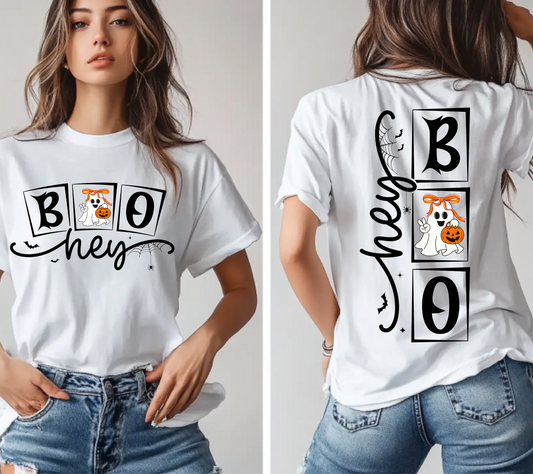 Hey Boo Ghost Halloween T-Shirt – Cute Spooky Graphic Tee with Front & Back Design (15) 👻🎃🕸️