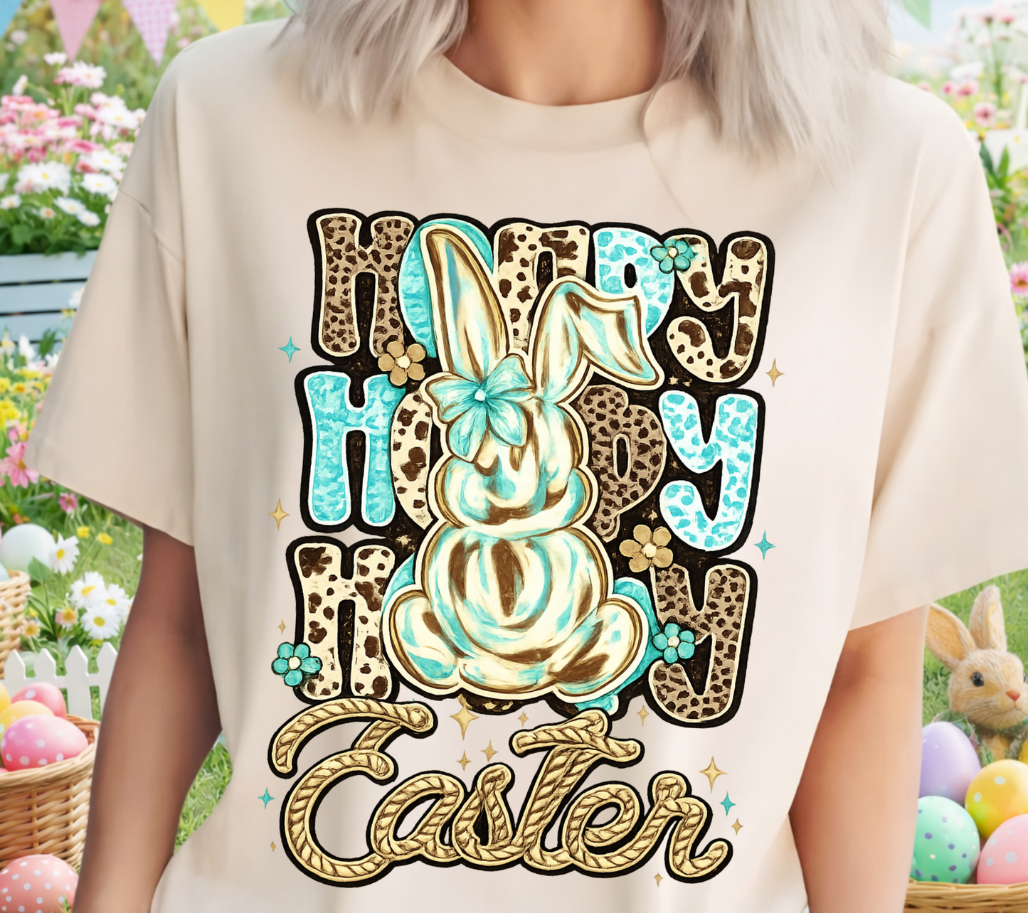 Easter 15 - Howdy Easter Bunny Shirt – Western Easter Tee – Cow Print & Turquoise Bunny Graphic – Cute Spring Shirt for Kids & Adults