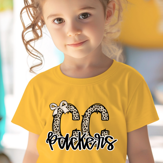 Youth/Toddler CC Packers Leopard Print Shirt – Colquitt County Spirit Tee with Bow – Trendy Game Day Leopard Design