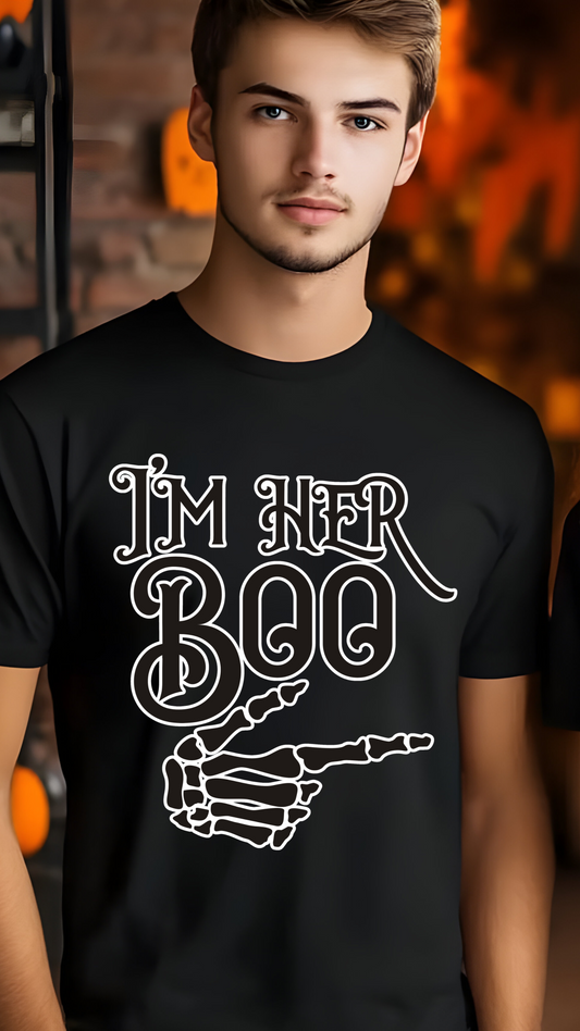 “I’m Her Boo Halloween T-Shirt – Funny Skeleton Hand Graphic Tee”  (16) 👻🖤💀