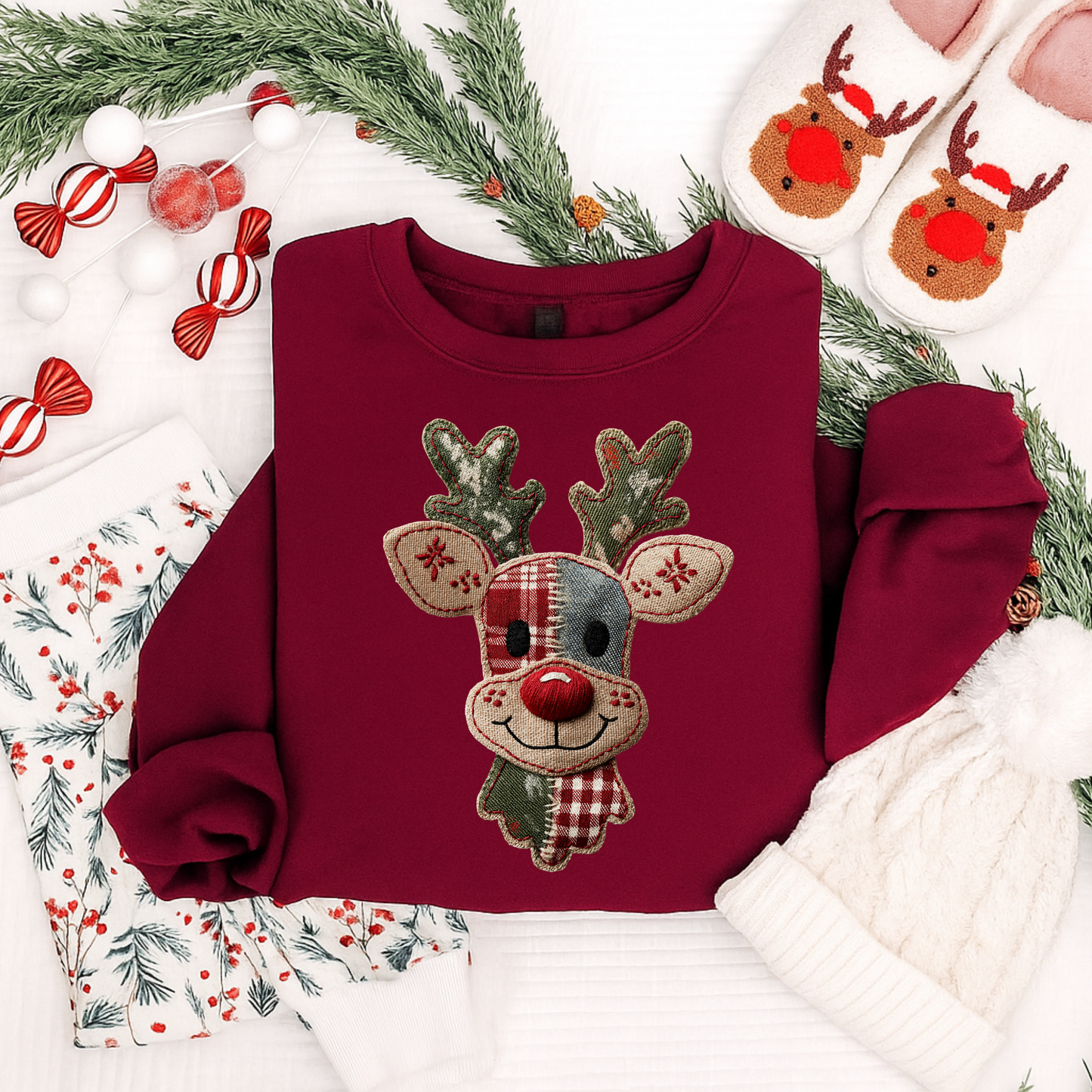 Patchwork Reindeer Christmas Sweatshirt | Cozy Holiday Shirt for Kids & Adults