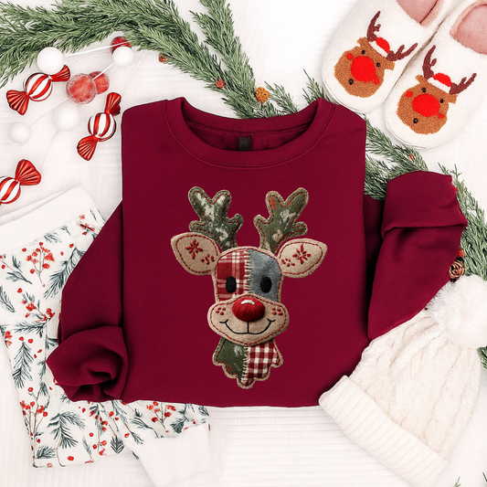 Patchwork Reindeer Christmas Sweatshirt | Cozy Holiday Shirt for Kids & Adults