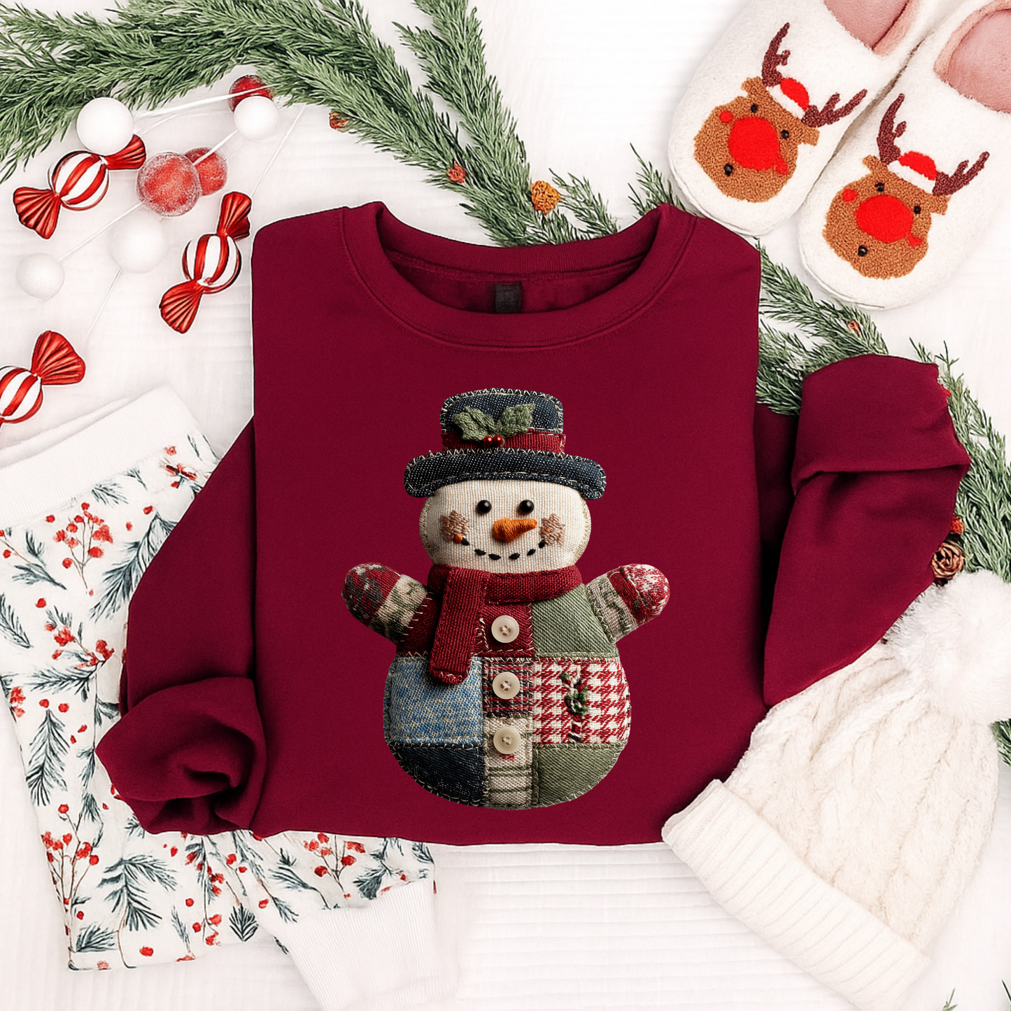 Patchwork Snowman Christmas Sweatshirt | Cozy Vintage Holiday Shirt for Kids & Adults
