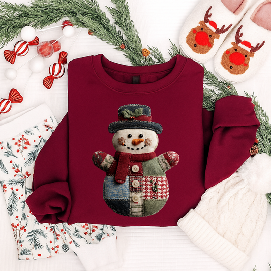 Patchwork Snowman Christmas Sweatshirt | Cozy Vintage Holiday Shirt for Kids & Adults