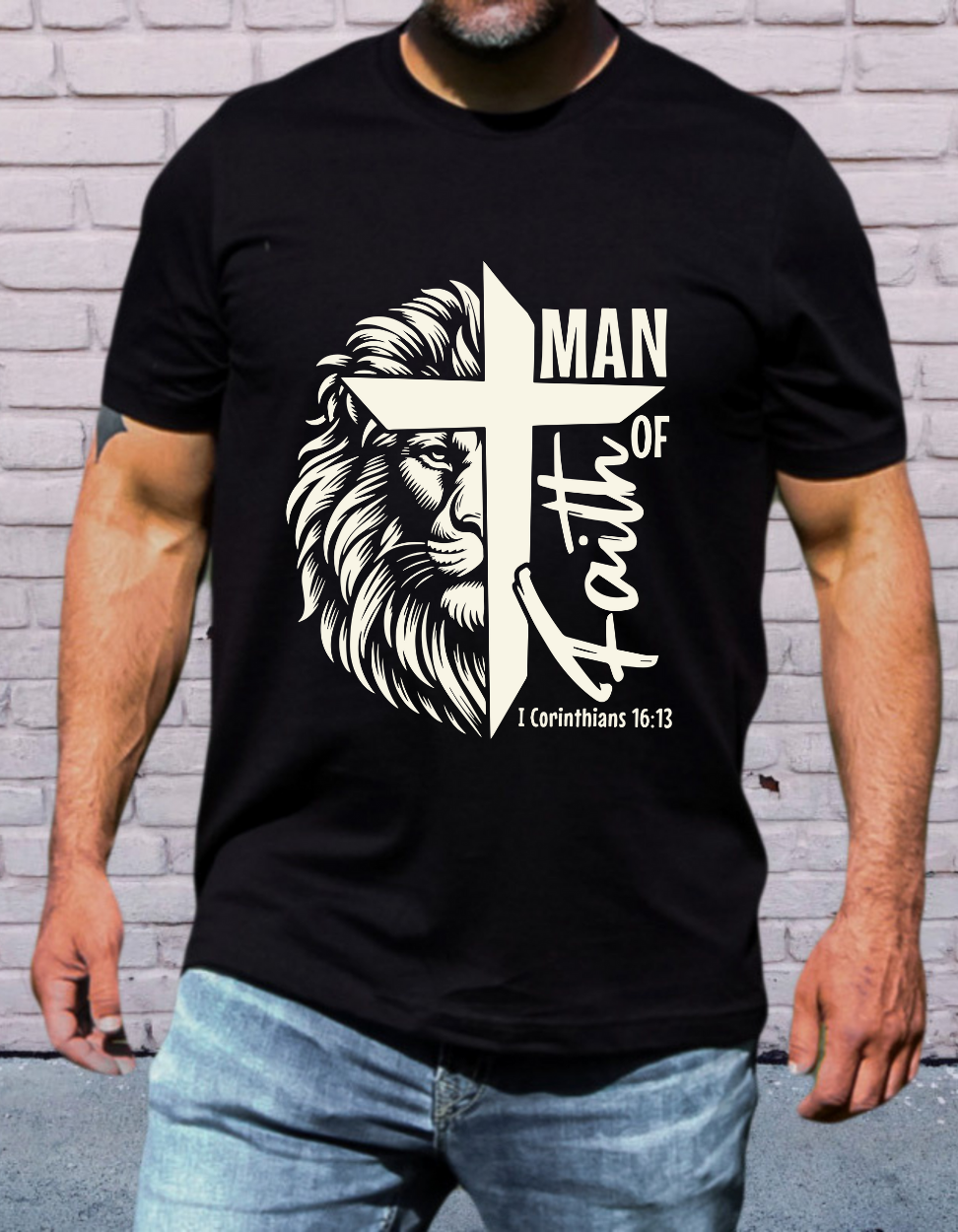 Man of Faith Shirt, Christian Men’s Graphic Tee, Lion Cross Bible Verse Shirt, Faith Based Men’s T-Shirt, Religious Gift for Him