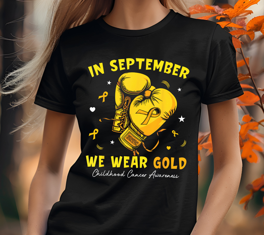In September We Wear Gold Boxing Gloves Tee – Childhood Cancer Awareness Shirt (018)