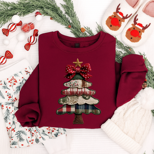 Patchwork Christmas Tree T-Shirt & Sweatshirt | Rustic Farmhouse Holiday Shirt for Kids & Adults