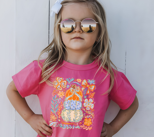 Girls Fall Pumpkin T-Shirt – Pink Boho Floral Pumpkin Shirt, Cute Autumn Thanksgiving Tee for Kids, Fall Outfit for Little Girls