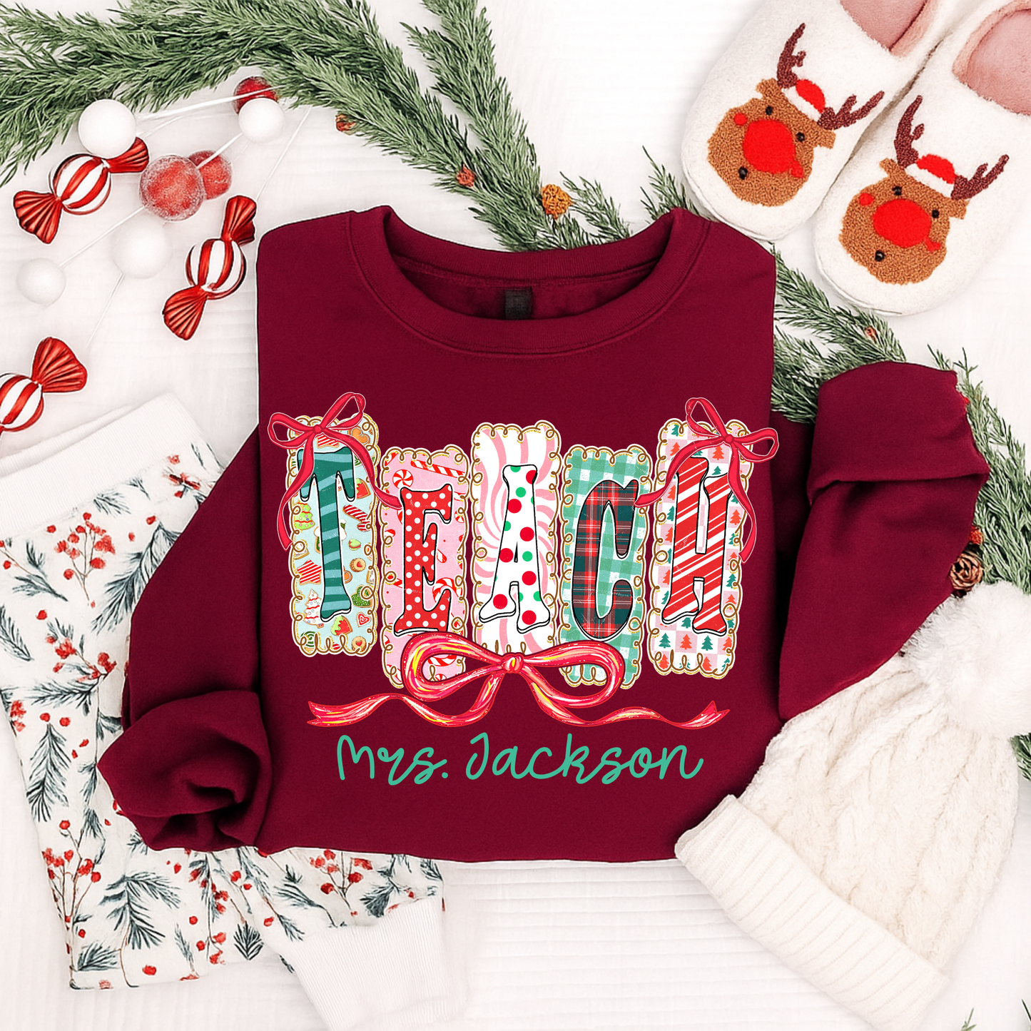 Personalized Christmas Teacher Shirt & Sweatshirt | Festive “Teach” Holiday Design for Teachers