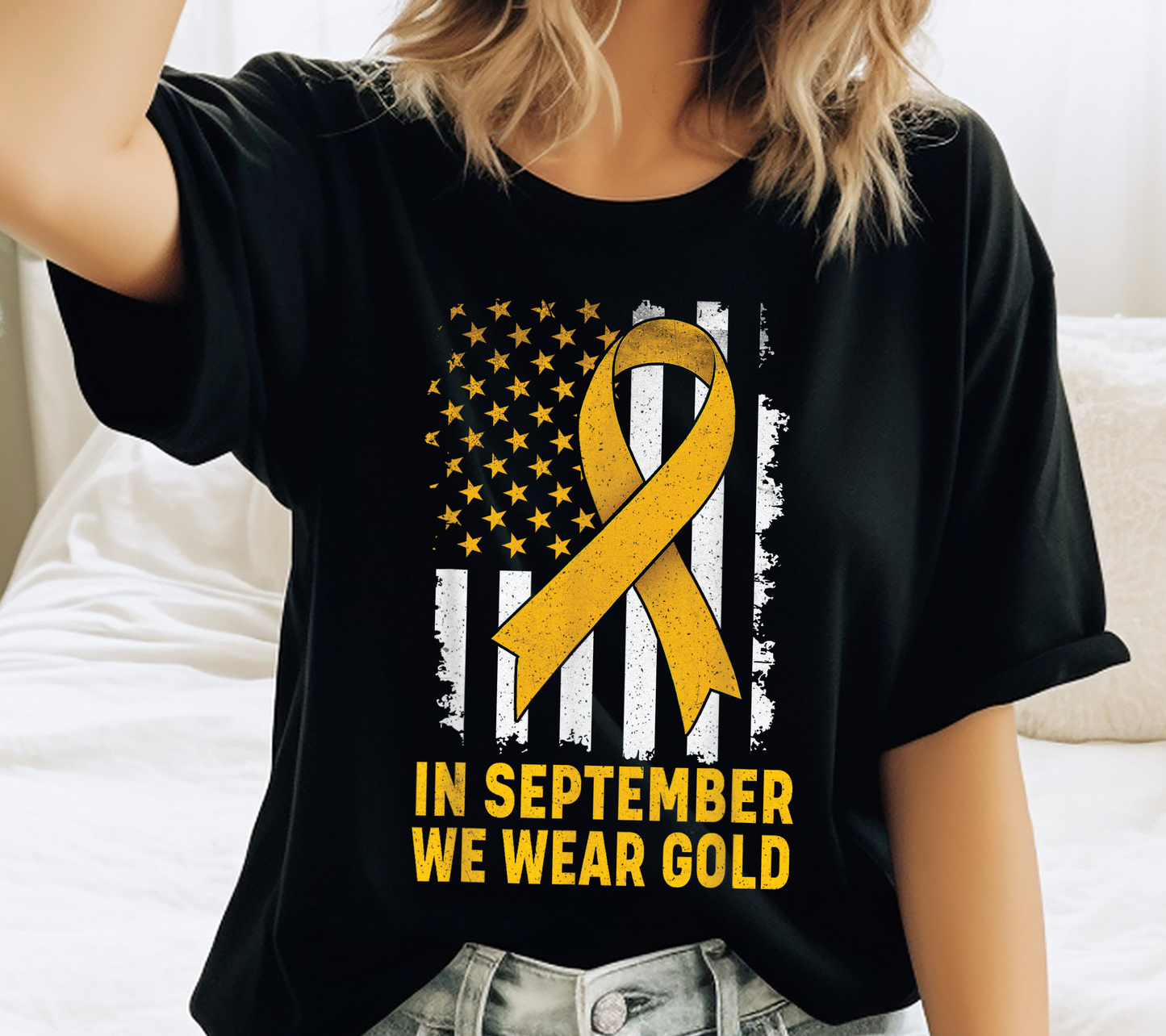 In September We Wear Gold American Flag Tee – Childhood Cancer Awareness Shirt (019)