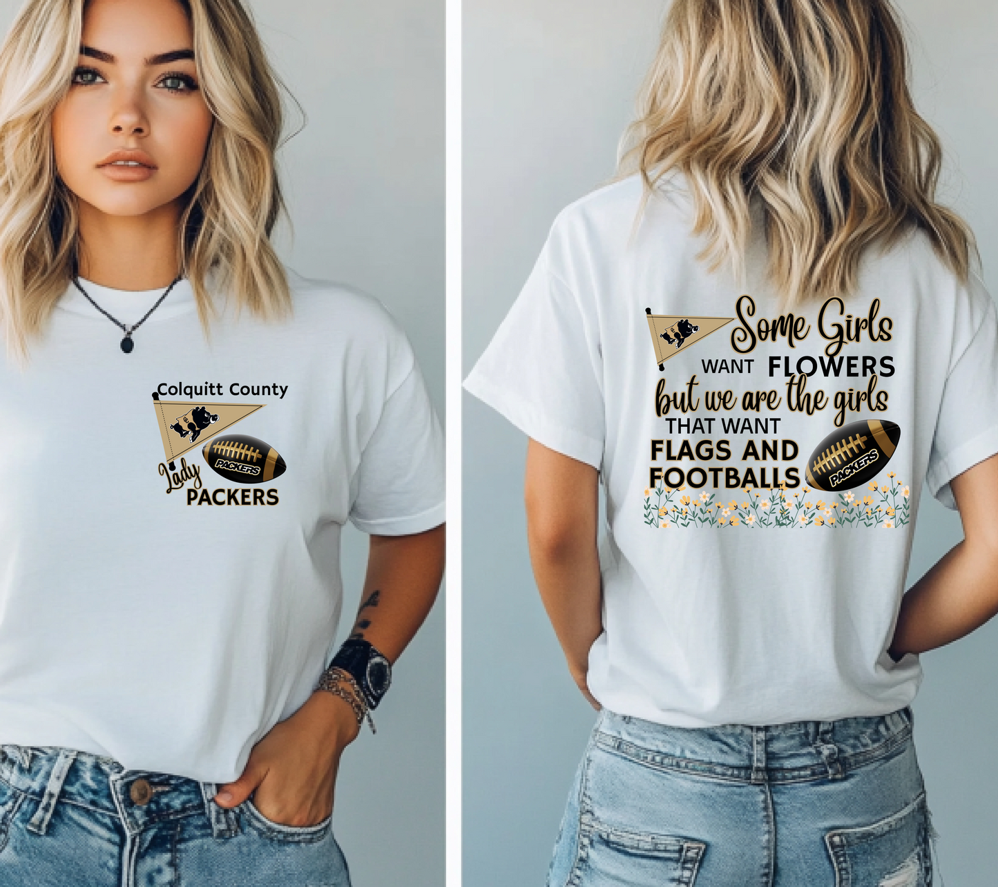 Colquitt County Lady Packers Flag Football T-Shirt – Girls Who Love Flags & Footballs