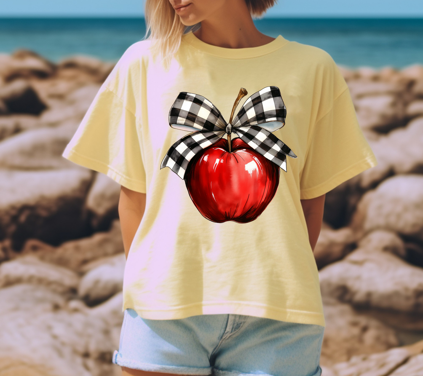 Youth/Toddler Red Apple Black Plaid Bow T-Shirt