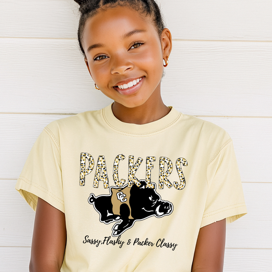 Youth/Toddler Sassy Flashy & Packer Classy Shirt – Leopard Print Packers Tee with Hog Mascot – Colquitt County Spirit Wear