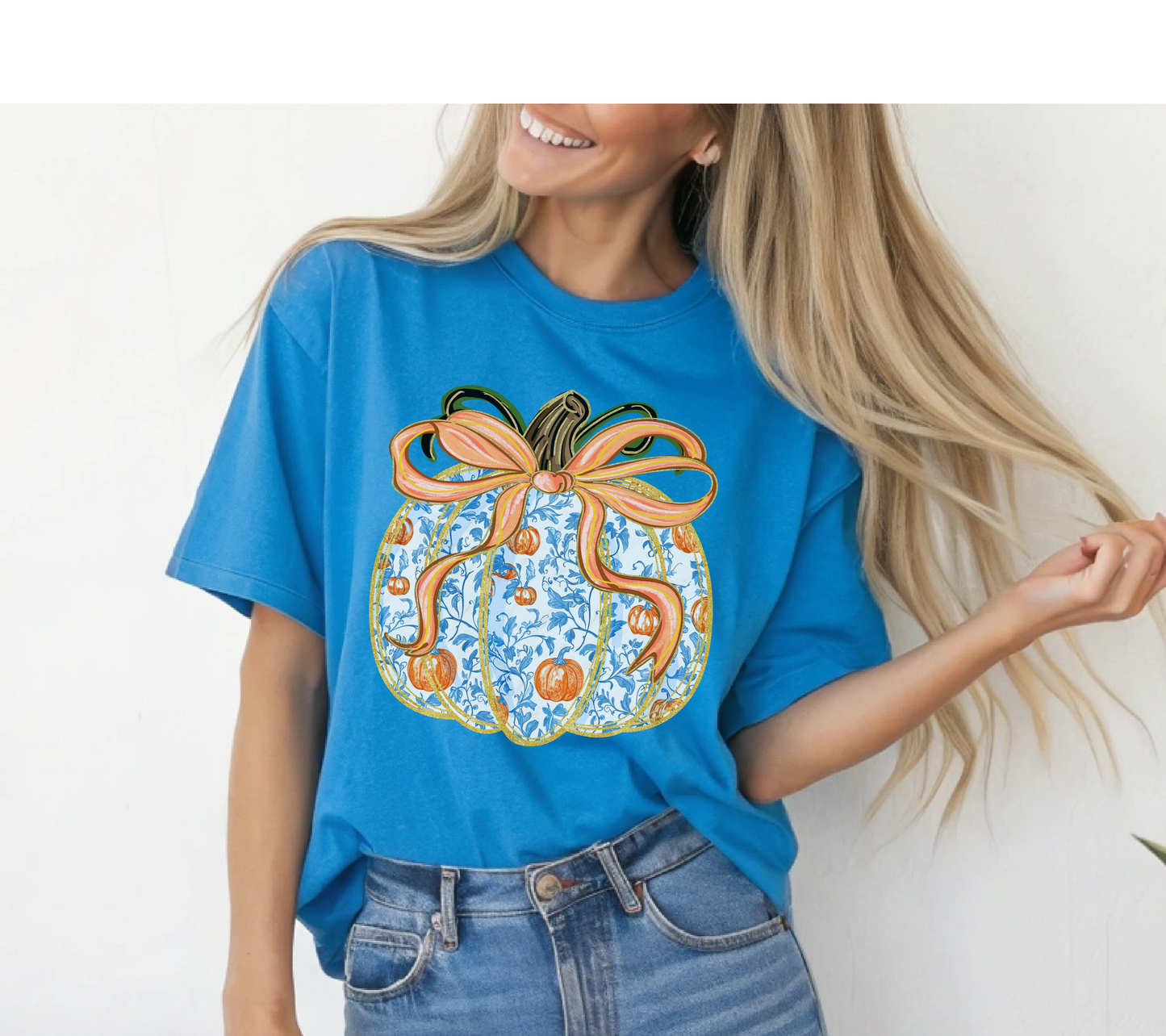 Blue Floral Pumpkin T-Shirt – Elegant Fall Pumpkin Bow Shirt, Classy Autumn Thanksgiving Tee for Women, Farmhouse Fall Graphic Tee