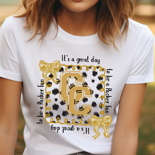 Adult It’s a Great Day to Be a Packer Fan Shirt – CC Leopard Print Tee with Bows – Colquitt County Spirit Wear