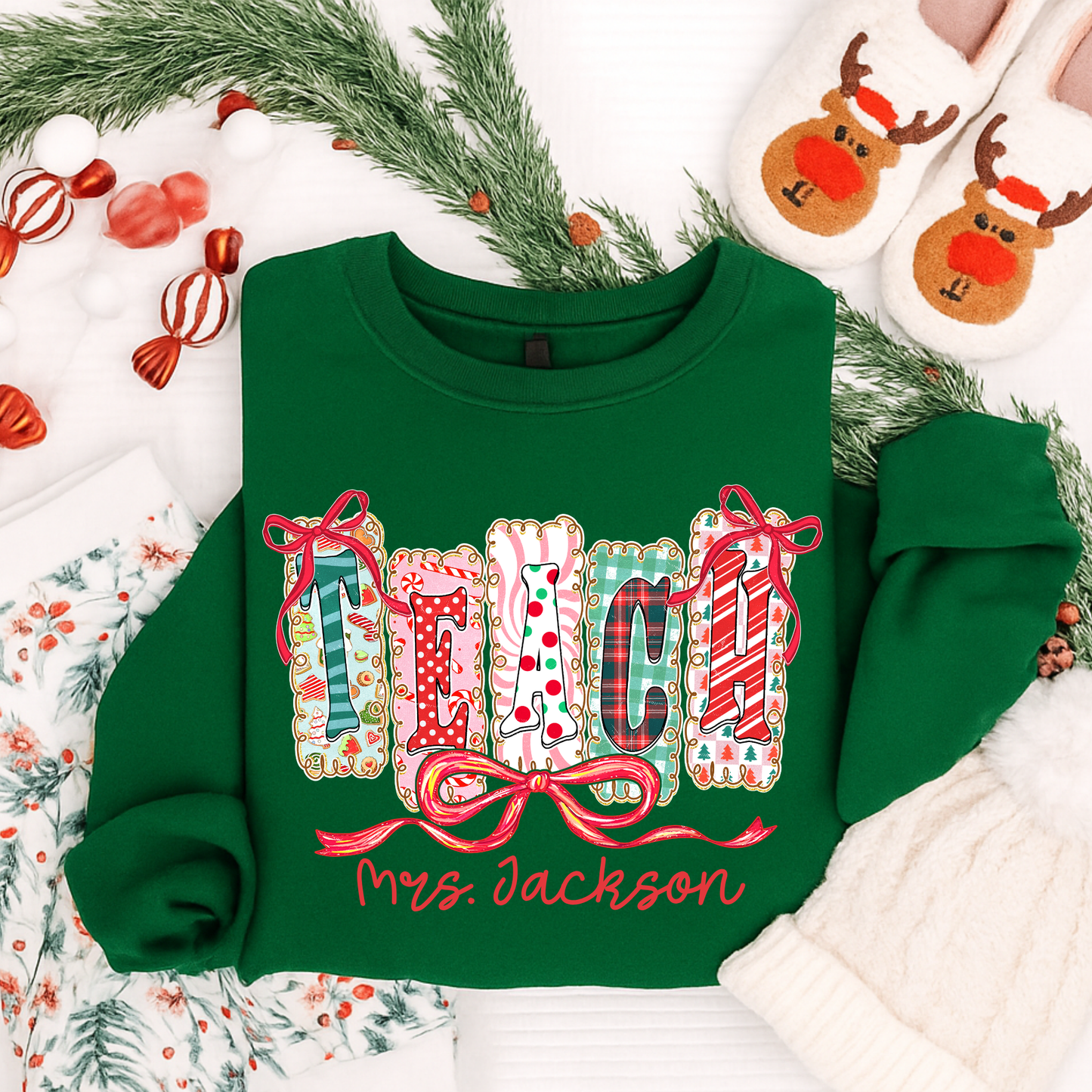 Personalized Christmas Teacher Shirt & Sweatshirt | Festive “Teach” Holiday Design for Teachers