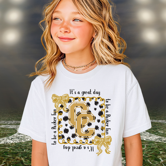 Youth/Toddler It’s a Great Day to Be a Packer Fan Shirt – CC Leopard Print Tee with Bows – Colquitt County Spirit Wear