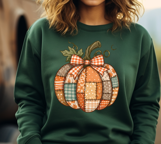 Patchwork Pumpkin Sweatshirt – Cozy Fall Gingham Bow Pullover, Autumn Plaid Pumpkin Shirt for Women, Thanksgiving Farmhouse Fall Outfit