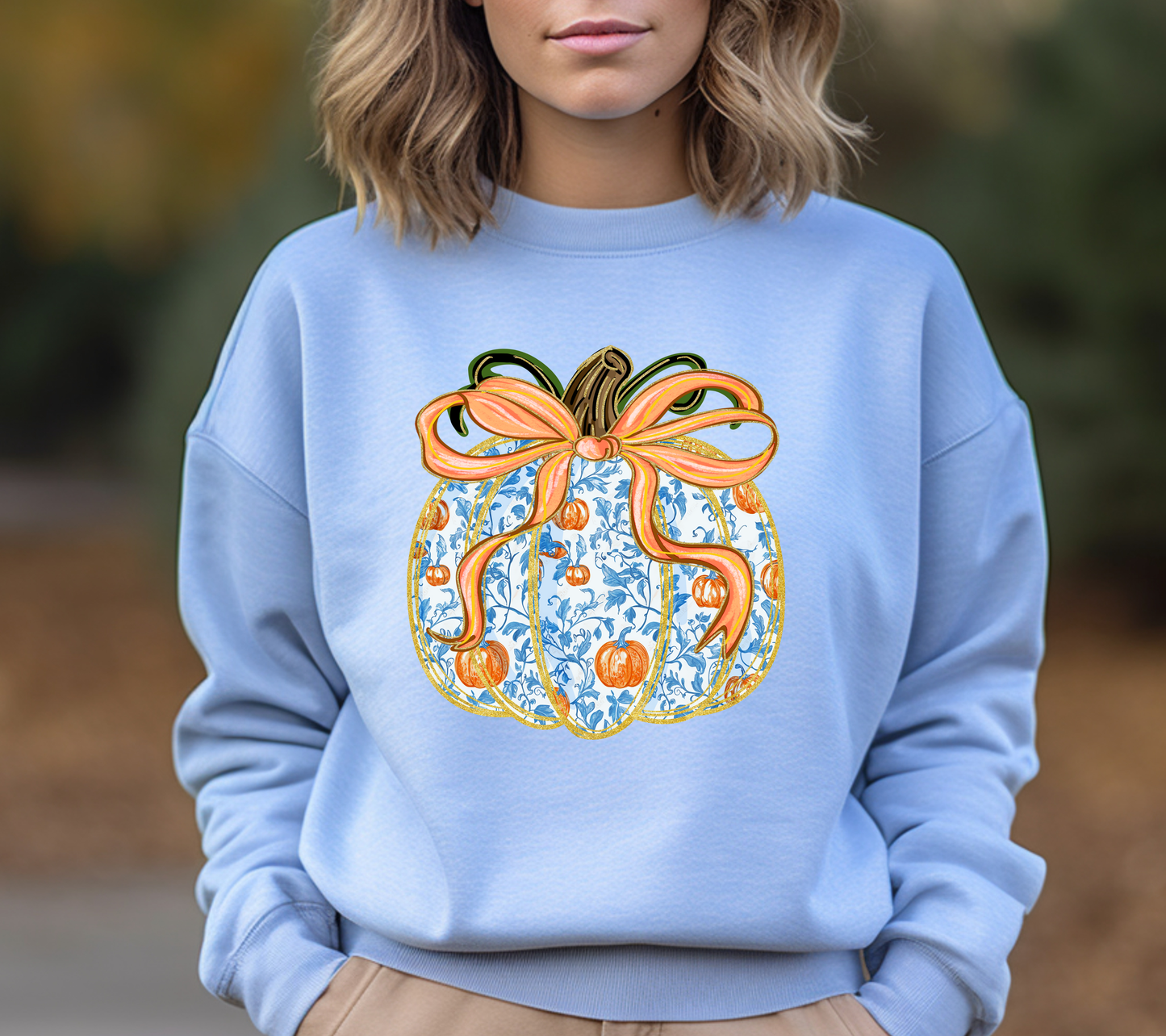 Blue Floral Pumpkin Sweatshirt – Elegant Fall Pumpkin Bow Pullover, Autumn Thanksgiving Shirt for Women, Classy Farmhouse Fall Outfit