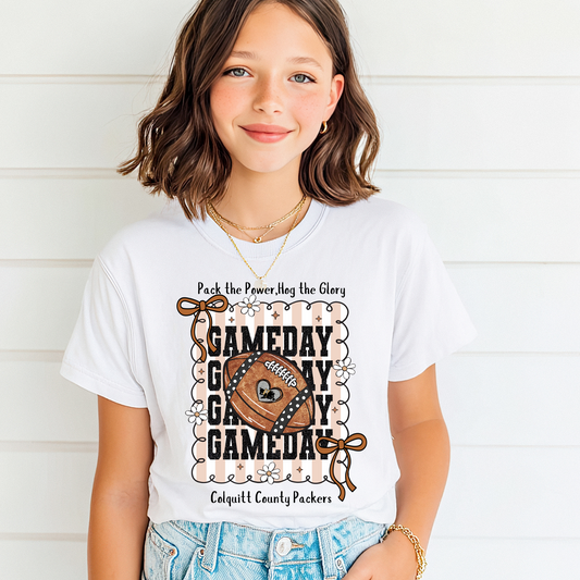 Youth/Toddler GAMEDAY Packers Shirt – Pack the Power Hog the Glory Tee – Colquitt County Football Glitter Bow Design