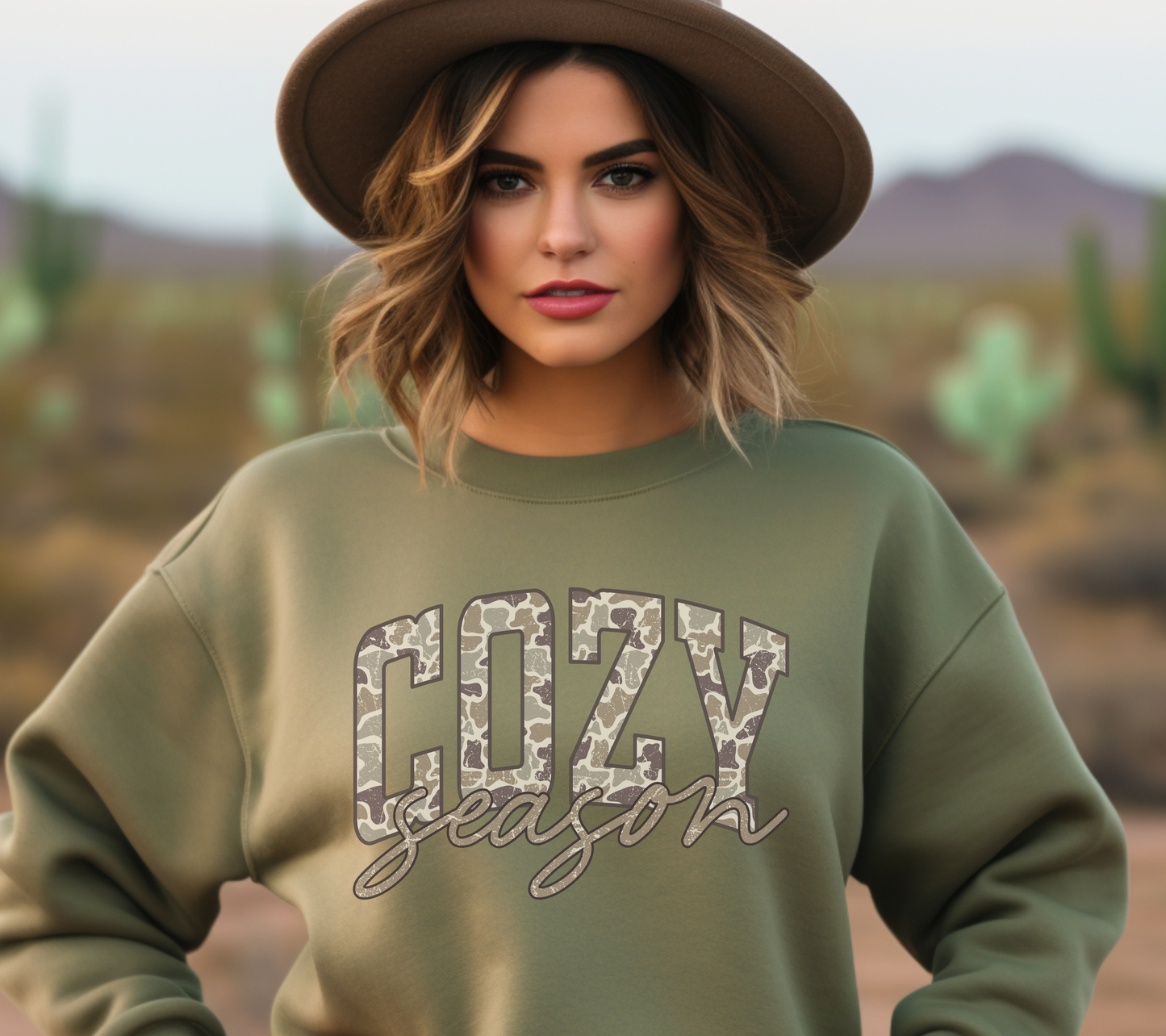 Cozy Season Sweatshirt – Camo Print Fall Pullover, Cute Autumn Graphic Sweatshirt for Women, Warm Cozy Fall Outfit