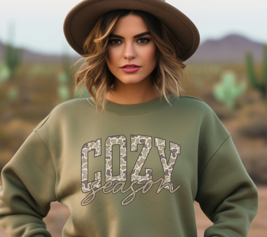 Cozy Season Sweatshirt – Camo Print Fall Pullover, Cute Autumn Graphic Sweatshirt for Women, Warm Cozy Fall Outfit
