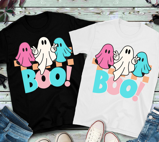 Youth/Toddler Retro Colorful Ghosts ‘BOO!’ Halloween Tee” 👻💖💙✨