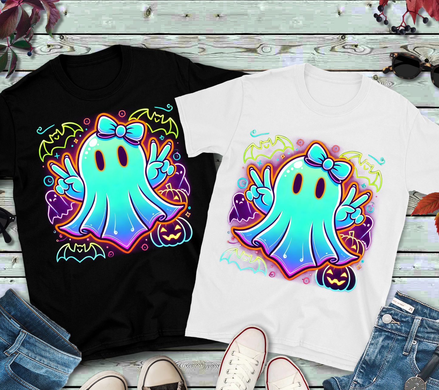 Youth/Toddler Neon Glow Girl Ghost with Bow Halloween Tee” 👻🎀🌈✨