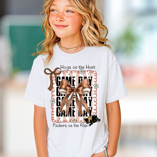 Youth/Toddler Hogs on the Hunt Gameday Shirt – Packers on the Rise Tee with Laced Bow – Colquitt County Football Spirit Wear