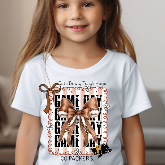 Youth/Toddler Cute Bows Tough Hogs Game Day Shirt – Go Packers Football Tee – Colquitt County Spirit Wear (Black Ink)