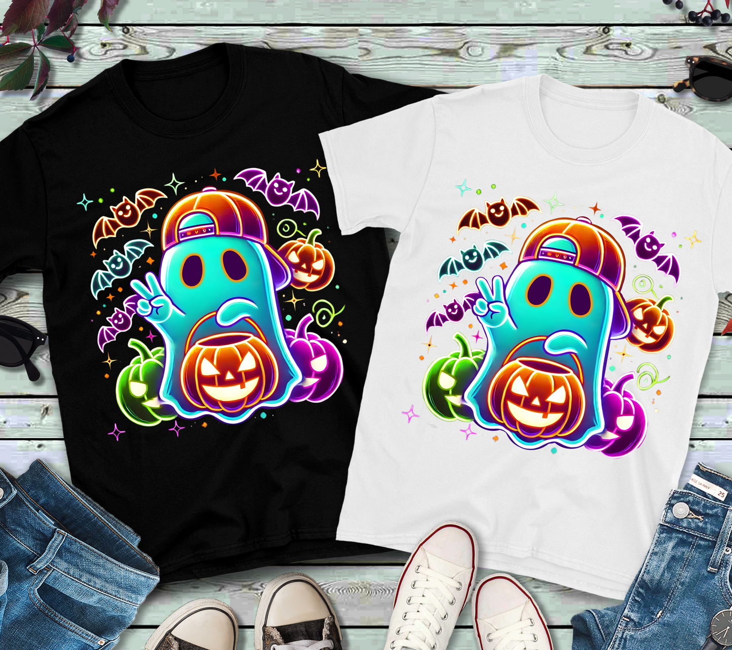Youth/Toddler Neon Cool Boy Ghost with Pumpkins Halloween Tee” 👻🎃🧢✨