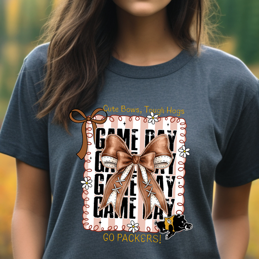 Adult Cute Bows Tough Hogs Game Day Shirt – Go Packers Football Tee – Colquitt County Spirit Wear (Gold Ink)